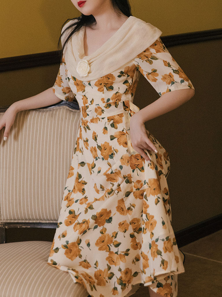Orange Rose Print Off Shoulder Short Sleeves 50S Chiffon Dress