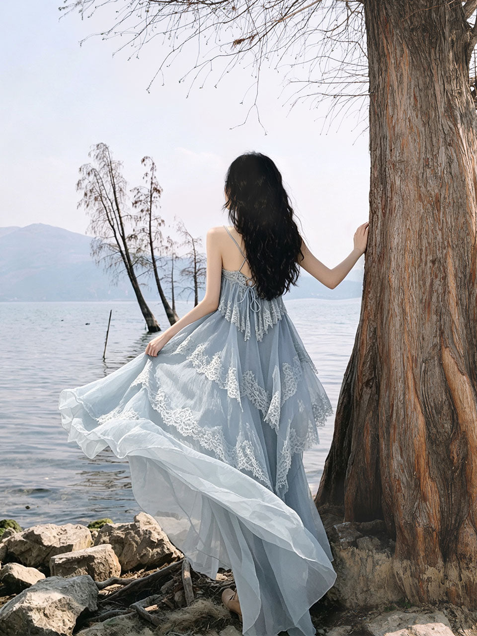 Blue Lace Spaghetti Strap Irregular Tiered Maxi Dress