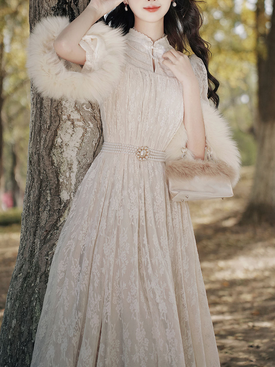 Apricot Lace Fur Sleeve 1950S Vintage Dress