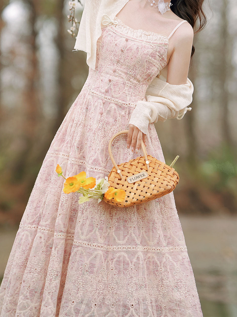 2PS Pink Embroidered lace Spaghetti Strap Dress