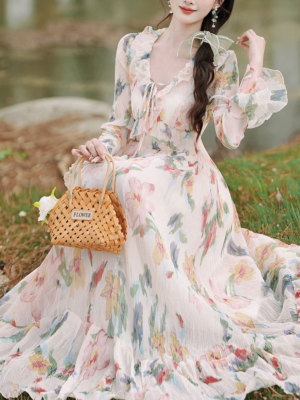 1950S White Ruffles V Neck Floral Print Swing Dress For Women