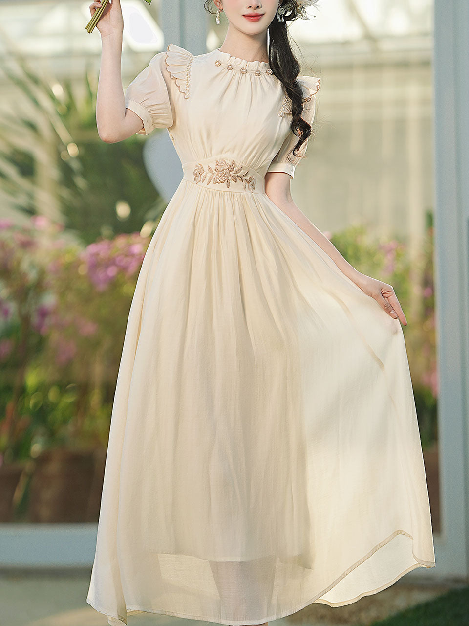 White Ruffles Collar Embroidered Puff Sleeve 1950S Vintage Dress