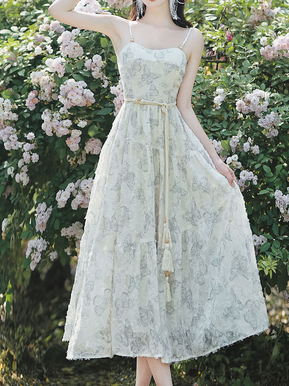 2PS White Butterfly Print Spaghetti Strap 1950S Vintage Dress