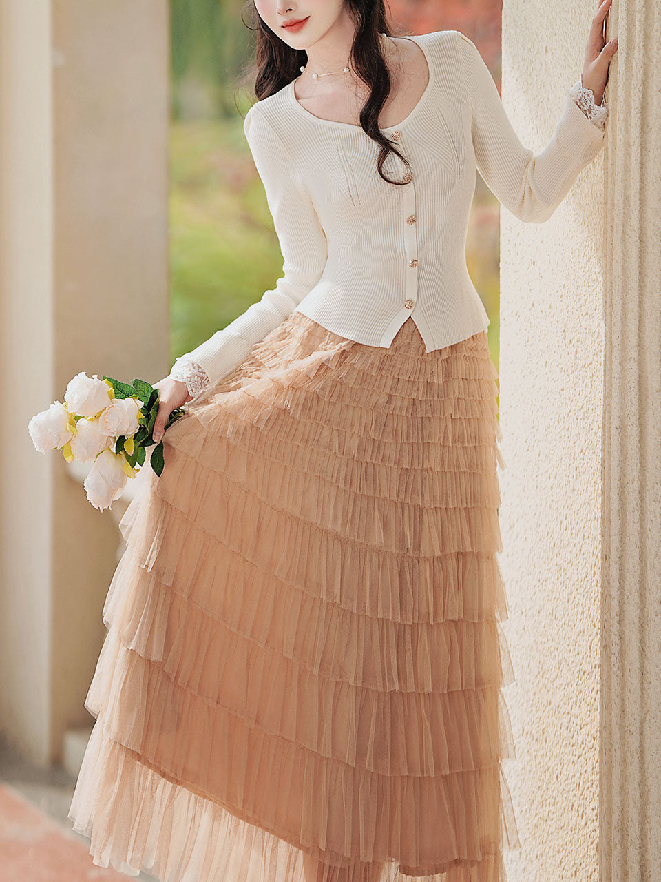2PS White V Neck Knitted Sweater and Swing Mesh Fairy Skirt Dress Set