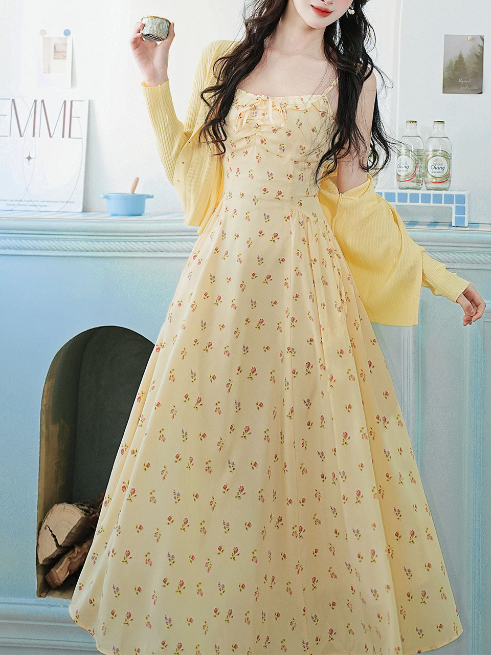 2PS Yellow Floral Spaghetti Strap 1950S Vintage Dress