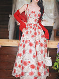 2PS Red Rose Spaghetti Strap 1950S Vintage Dress