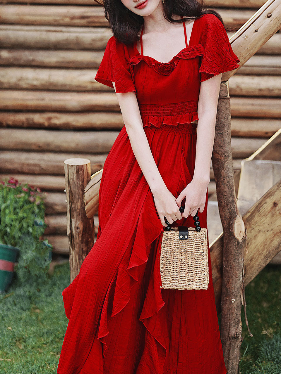 2PS Red Rose Ruffles Spaghetti Strap Top and High Waist Swing Dress Set