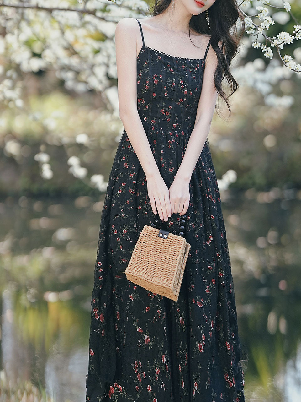 2PS Vintage Black Floral Chiffon Maxi Dress