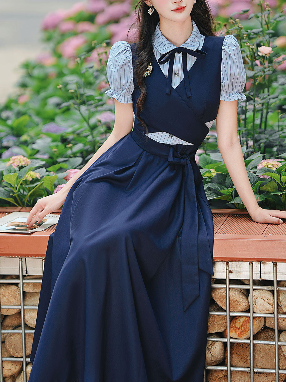 Vintage Navy Two-Piece Fake Layered Shirt Dress