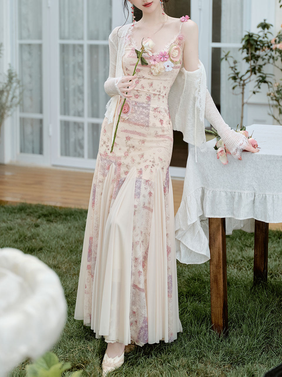 Pink Floral Print Spaghetti Strap Fishtail Flared Vintage Maxi Dress