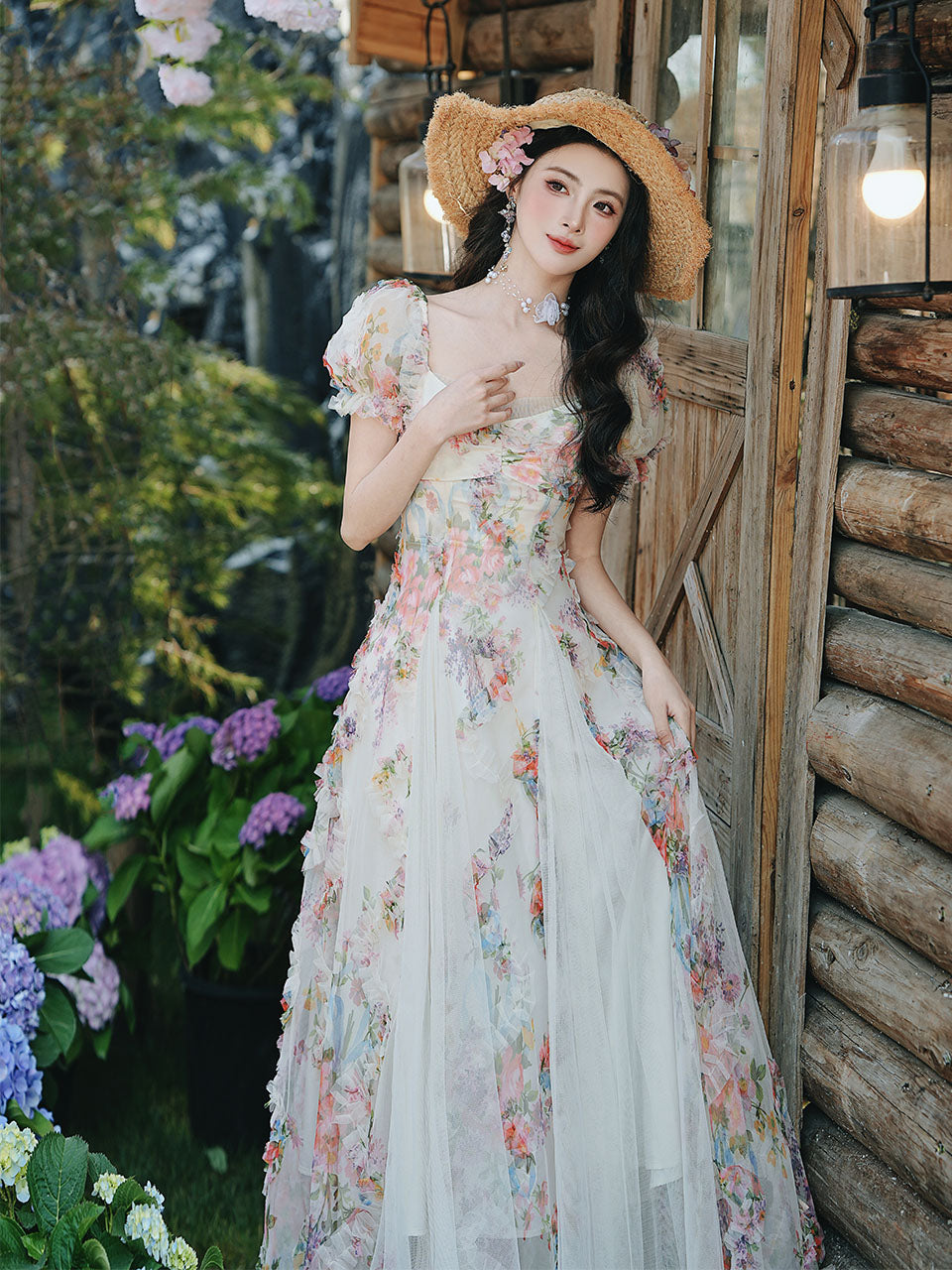 Printed Tulle Puff Sleeve Ruffled Hem Princess Party Dress for Girls Women