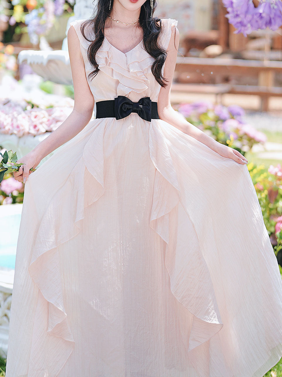 Pink Flowy Ruffle V-Neck Dress