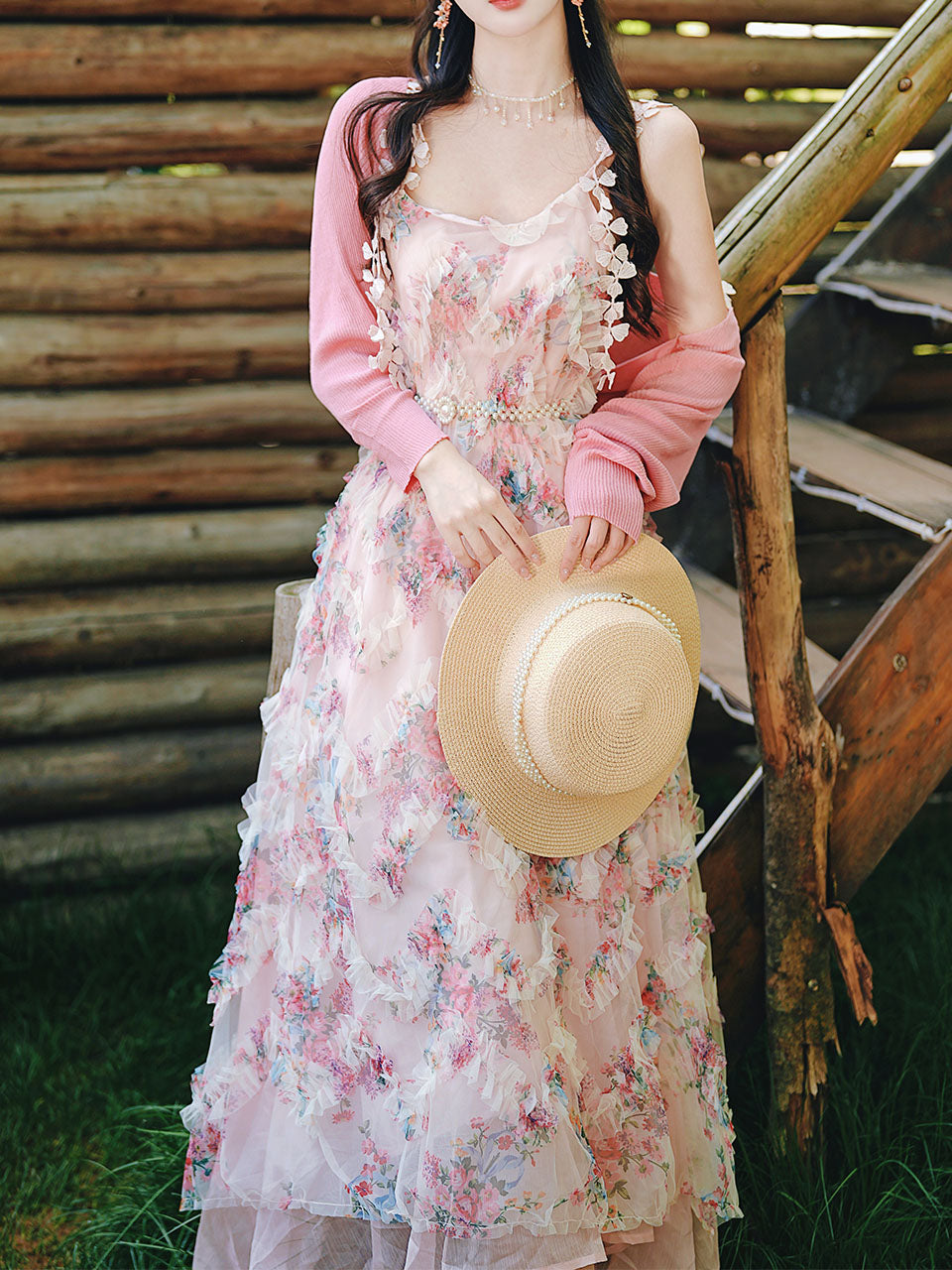 2PS Pink Ruffles Floral Printed Spaghetti Strap Vintage Dress