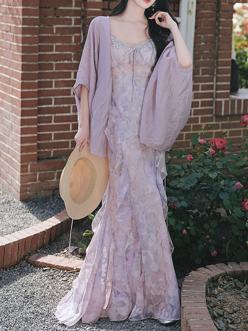 2PS Purple Ruffles Floral Printed Spaghetti Strap Vintage Dress