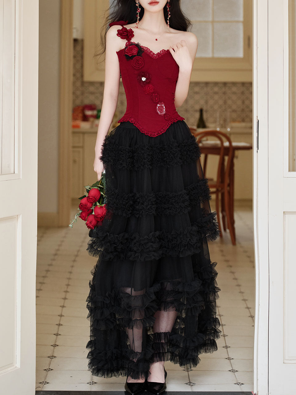 Gothic Red Corset Tiered Tulle Maxi Dress  Rose Asymmetric Ruffle Dark Romantic Party Gown
