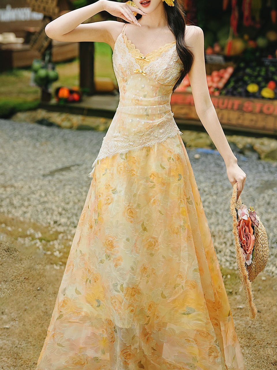 Romantic Yellow Floral Lace Tulle Maxi Dress and Knit Cardigan Set
