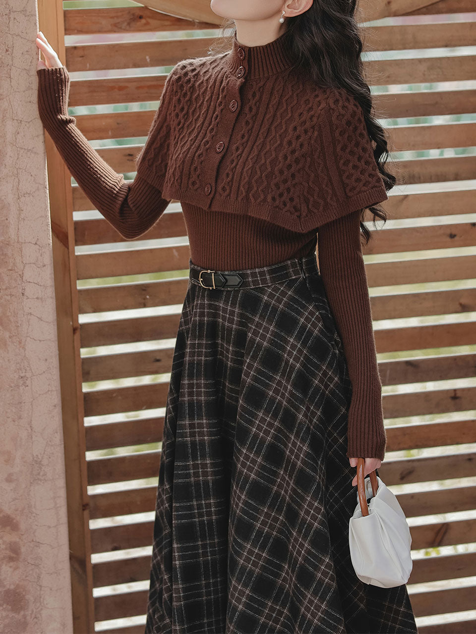 3PS Brown Bow Knitted Sweater Top Cape