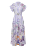 Short Dolman Sleeve Purple Floral Print Midi Dress
