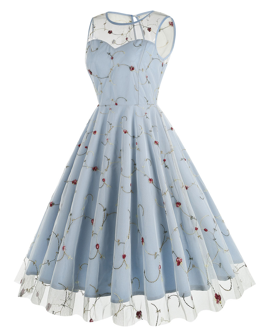 Lake Blue Semi Mesh Flower Embroidered Sleeveless 50S Swing Dress