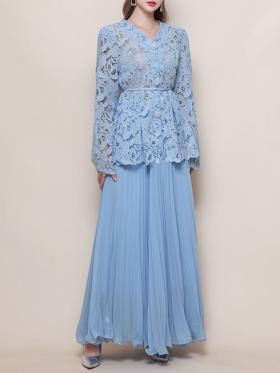 Baby Blue V Neck Long-Sleeve Lace Blouse