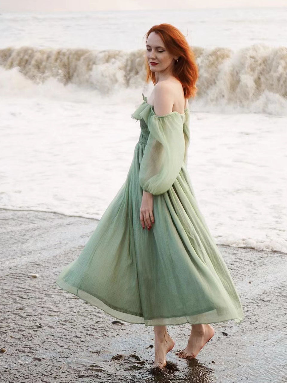 Green Mid Centuries Ruffles Vintage Maxi Dress