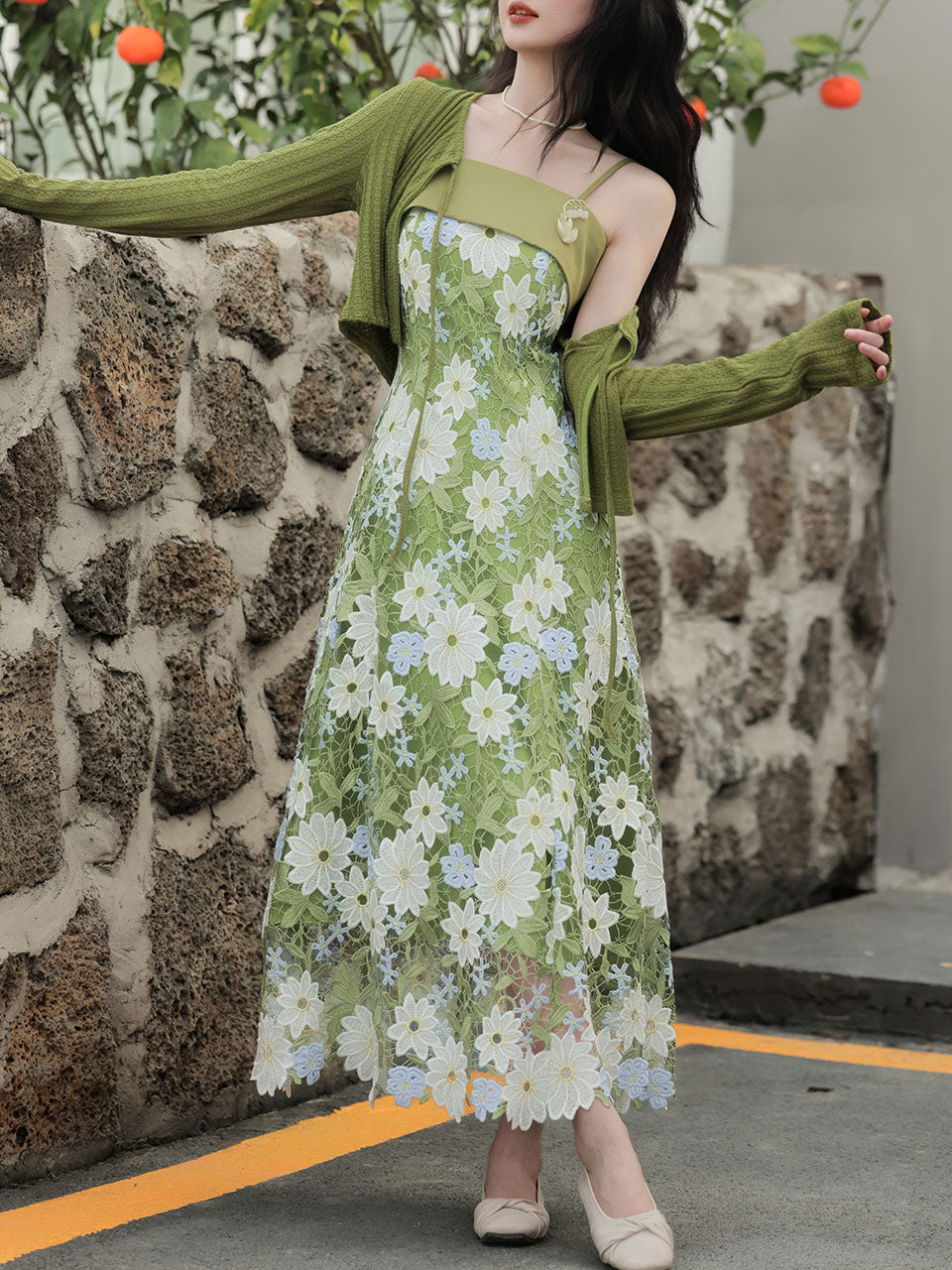 1940S Green Lace Embroidered Spaghetti Strap Vintage Dress