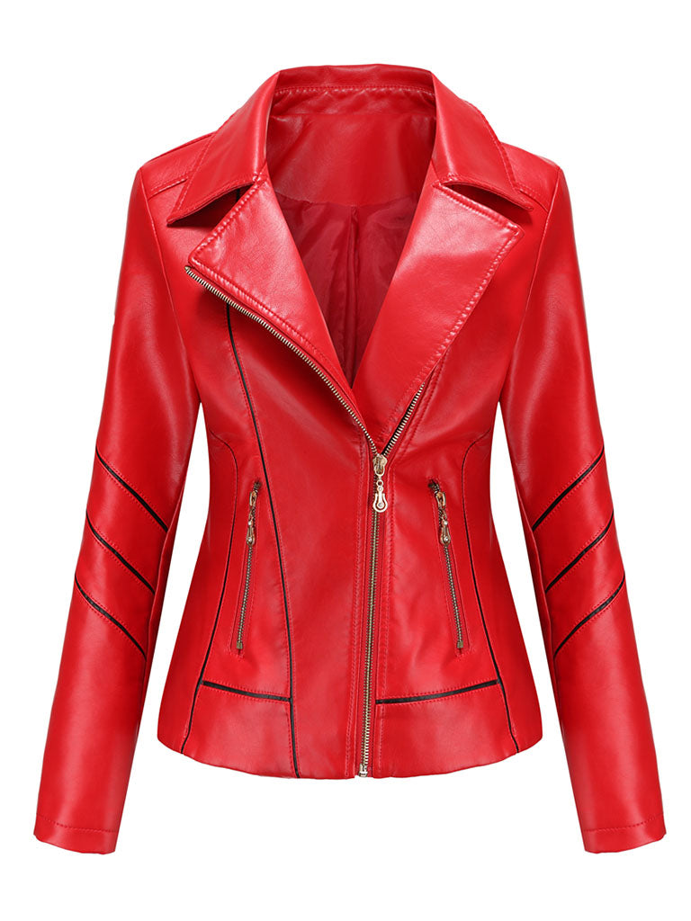Turn Down Collar Long Sleeve PU Leather Motorcycle Jacket