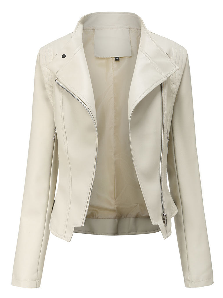 Navy Long Sleeve PU Leather Motorcycle Jacket