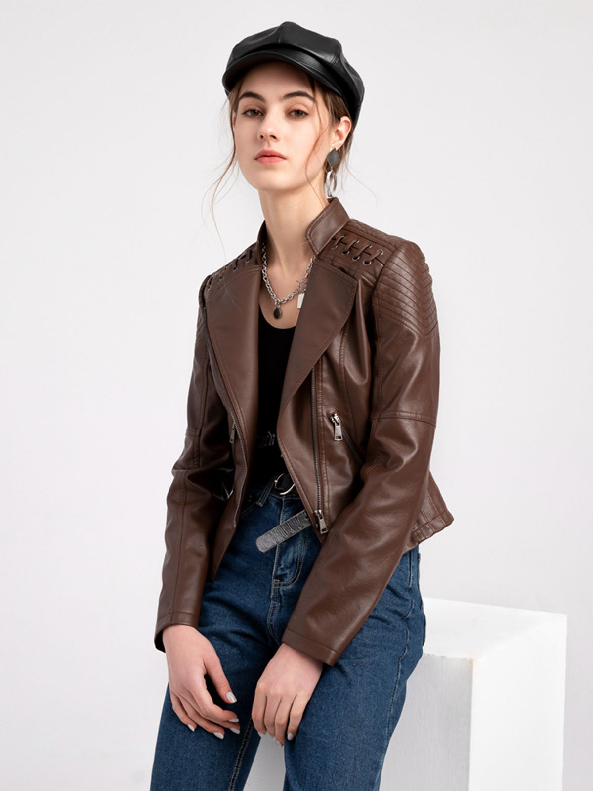Leather Jacket Weave Long Sleeve Winter Coat