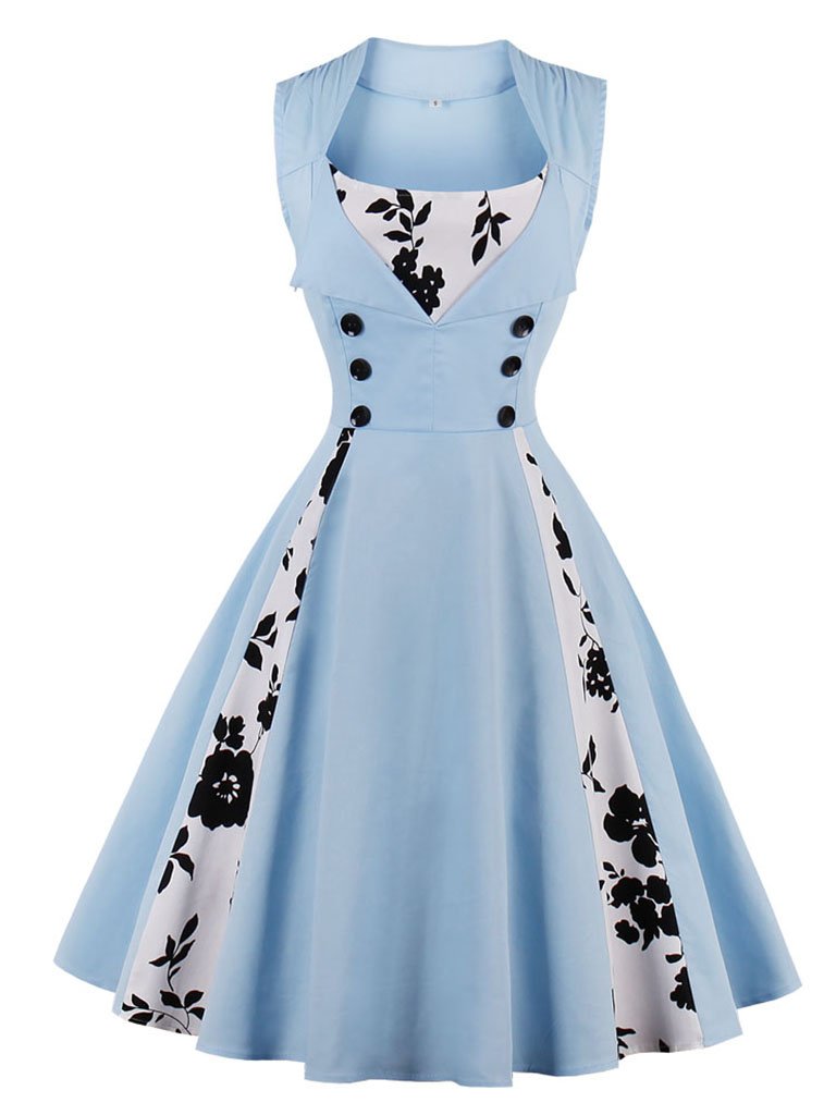 Purple Floral Square Neck Slim Fit Vintage Dress