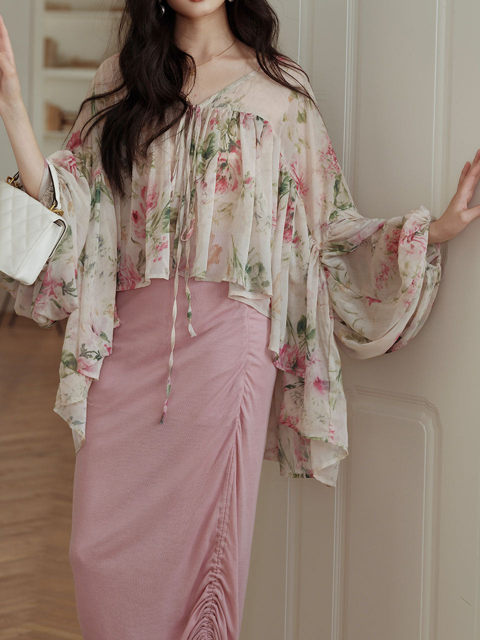 2PS Pink Crush Blouse and High Waist Bodycon Skirt Vintage Dress Outfit