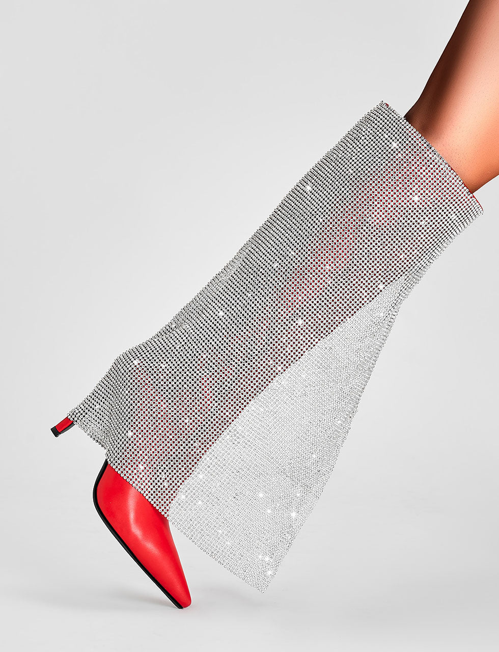 Red High Heel Pointed Toes Luxury Bling Rhinestone Trouser Boots Shoes