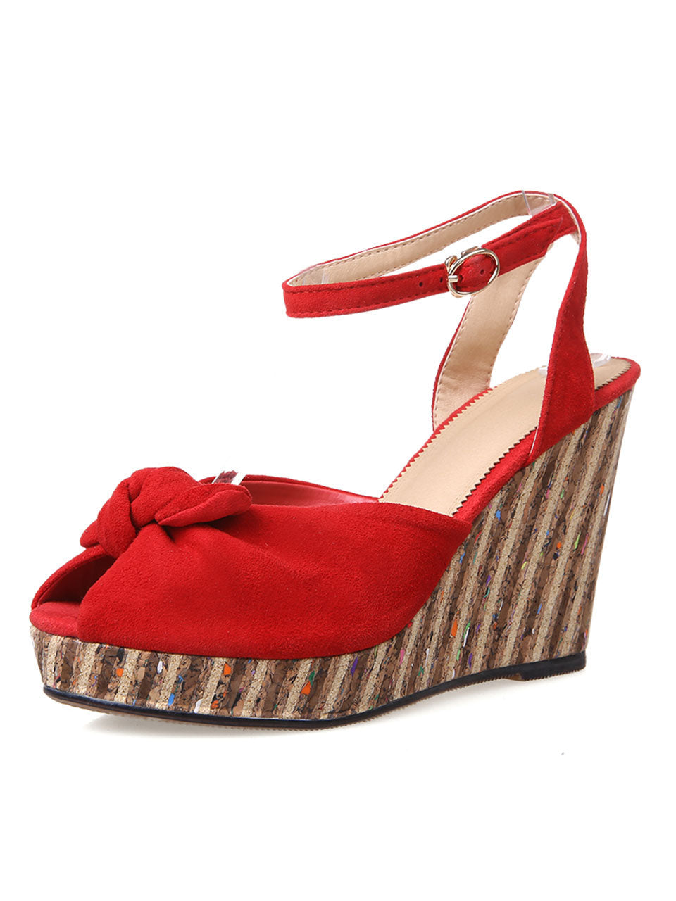 Open Toe Bow Wedge Heel Sandals Leather Vintage Shoes