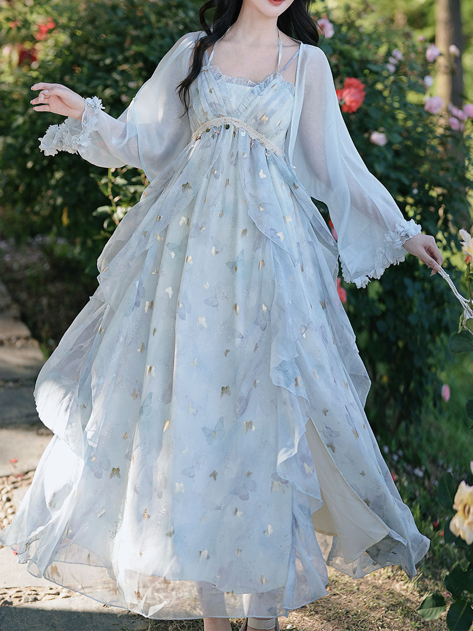 Fairycore Butterfly Maxi Dress Glitter Ruffle Halter Prom Gown