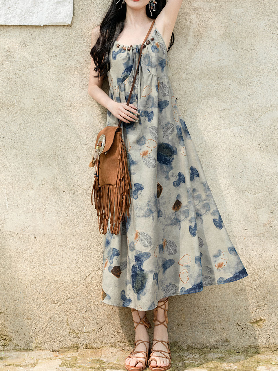2PS Blue Spaghetti Strap Tropical Pattern Holiday  Dress