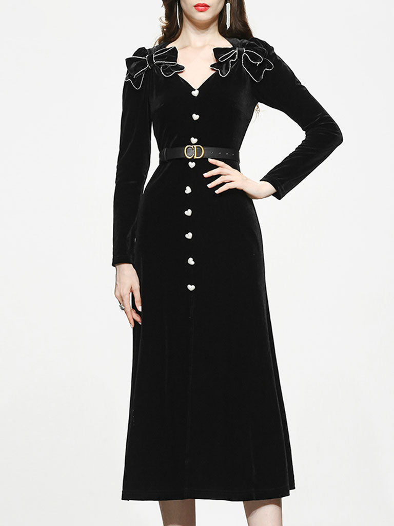 Black Bowknot V Neck Velvet Heart Button 1950S Vintage Dress