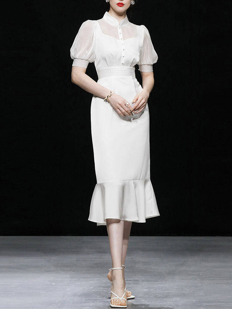 White Stand Collar Puff Sleeve Princess Mermaid Organza Dress