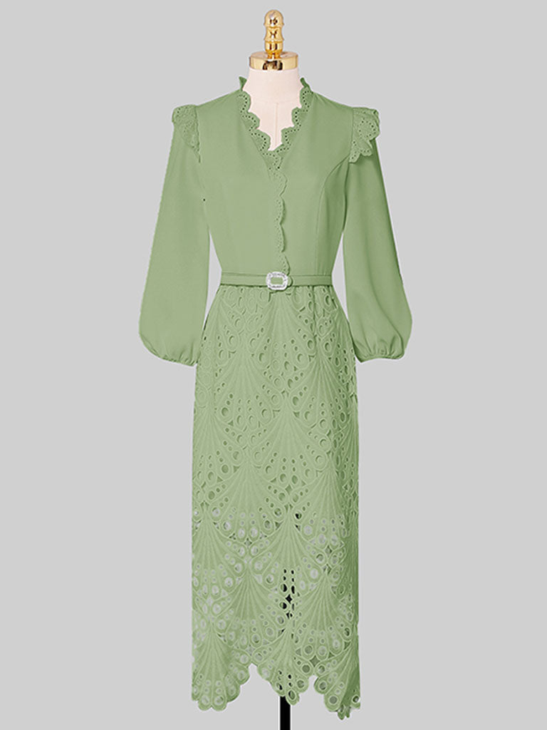 Green V Neck  3/4 Sleeve Lace 1960S Dress