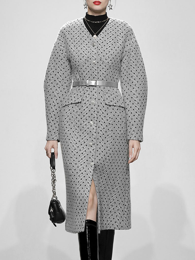 Light Grey V Neck Polka Dot Woolen Coat