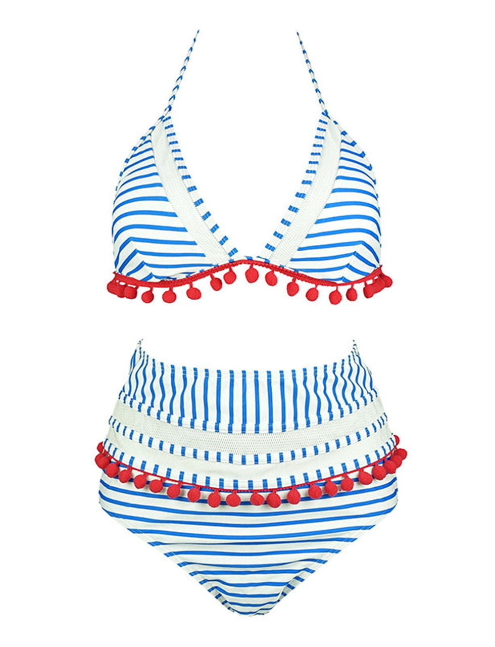 High Waist Bikini Striped Fringed Fur Ball Swimsuit Two Pieces Bikini Sets