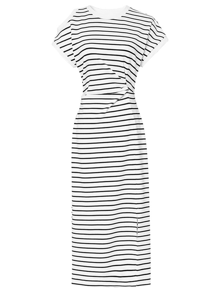 Striped Crew Neck Slit Casual Bodycon Dress
