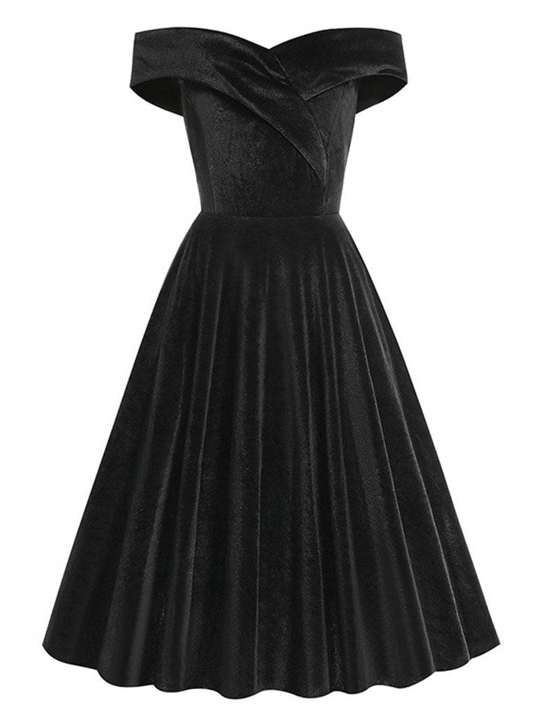 Christmas Red Off Shoulder Velvet 1950S Vintage Swing Dress