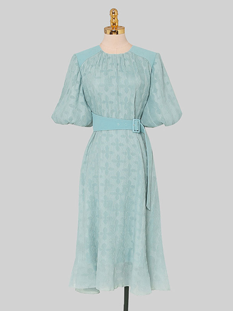 Green Crew Neck Toothpick Pleated Jacquard Fabric Puff Sleeve Vintage Dress