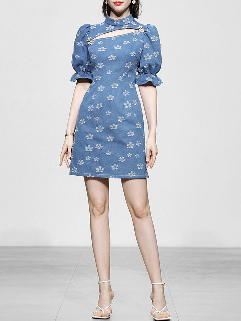 Retro Cheongsam Stand Collar Hollow Puff Sleeves Denim Printed Mini Dress