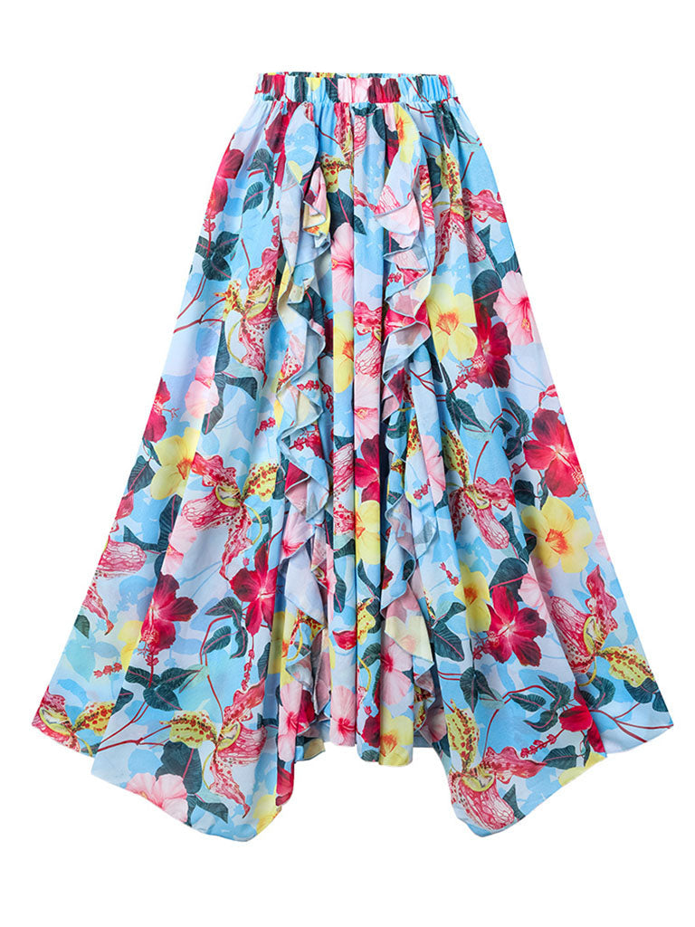 Blue Flower Print Ruffles One Piece