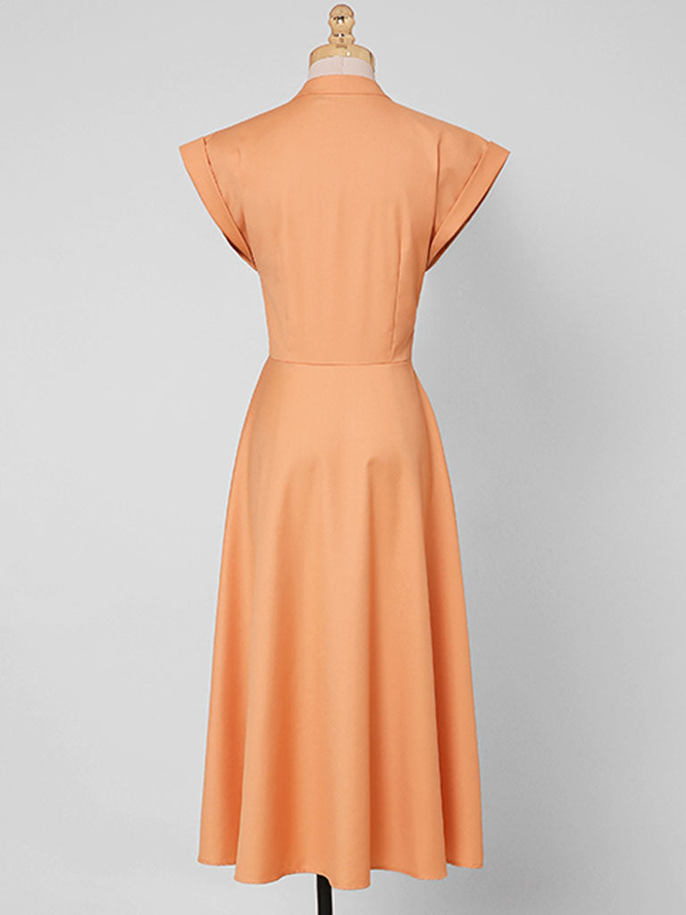 Orange Pleated Cap Sleeve Audrey Hepburn Style 50S Dress