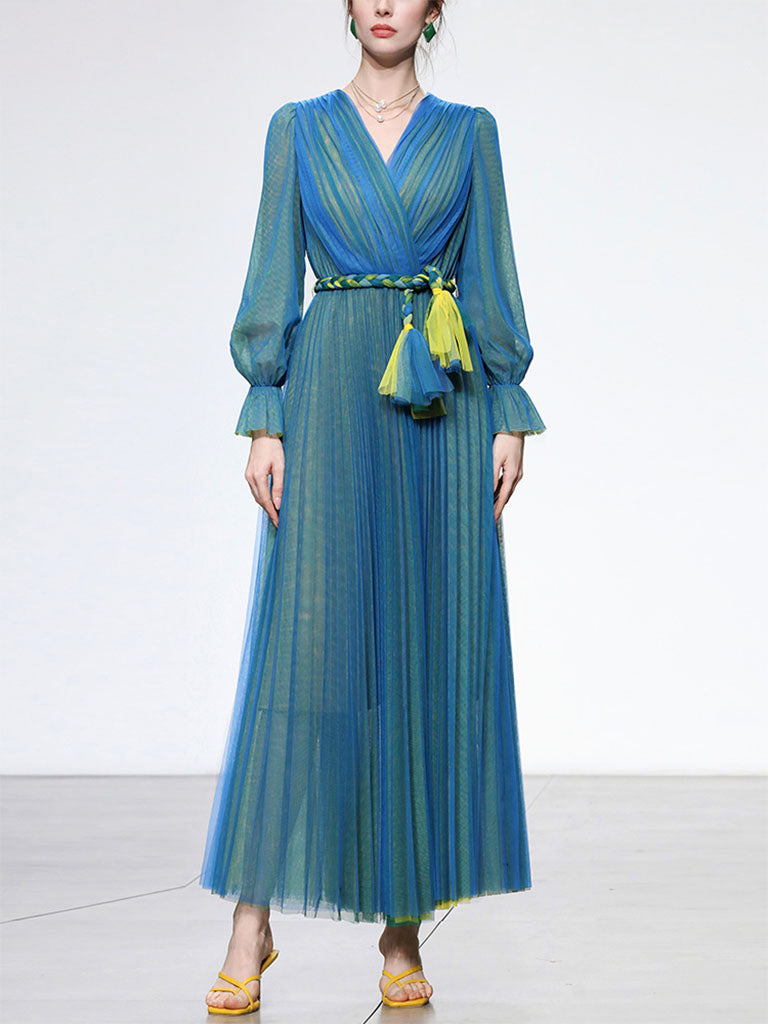 Blue V Neck Lantern Sleeve Pleated Fairy Dress