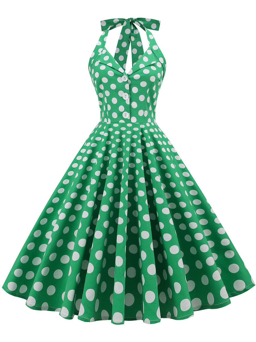 Green And White Polka Dots Pockets Vintage Halter 1950S Dress
