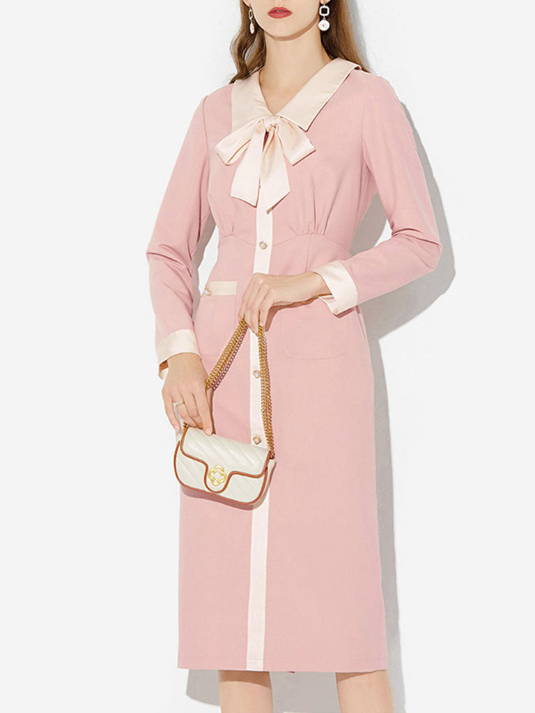 Pink Turn Down Collar Long Sleeve 1940S Vintage Dress