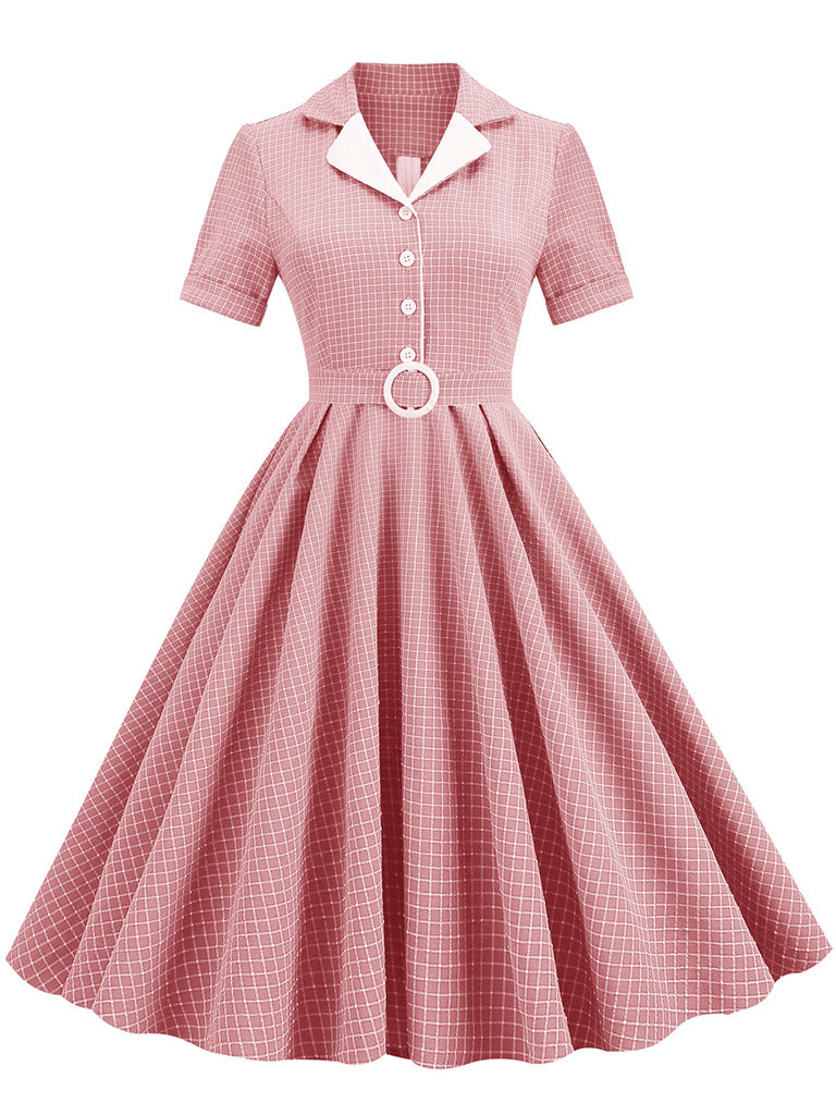 Green Plaid Turn Down Collar Short Sleeves 1950S Vintage Shirt Dress